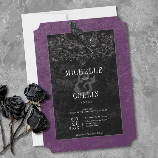 Gothic Black Raven & Black Roses Paarse Bruiloft Kaart