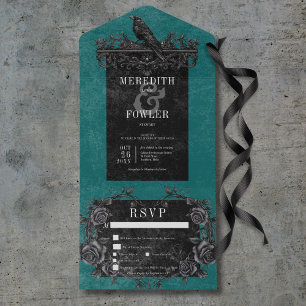 Gothic Black Raven & Black Rozen Blauwgroen 3 Dine All In One Uitnodiging