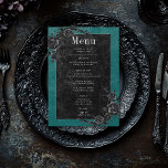 Gothic Black Raven & Black Rozen Blauwgroen bruilo Menu<br><div class="desc">Breng uw gasten naar een wereld van duistere, betoverende elegantie met onze gotische trouwkaart. De diepe, oude blauwgroen achtergrond en zwarte rozen vormen het toneel voor een opvallend contrast, omdat gewaagde witte tekst uit ingewikkelde zwarte tekstvakken komt. De achterkant is versierd met twee verweven wijnstokken van zwarte rozen, evenals de...</div>