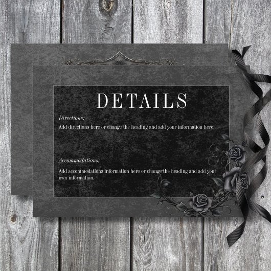 Gothic Black Raven & Black Rozen Bruiloft Details Informatiekaartje