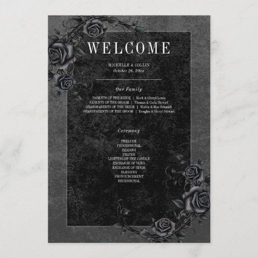 Gothic Black Raven & Black Rozen Bruiloft Programmakaart (Voorkant)