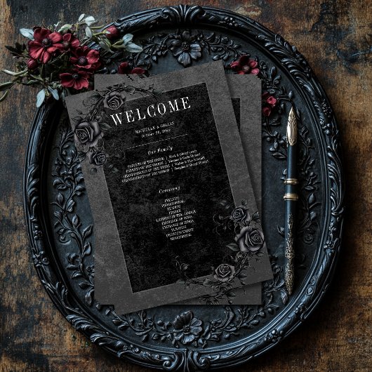 Gothic Black Raven & Black Rozen Bruiloft Programmakaart