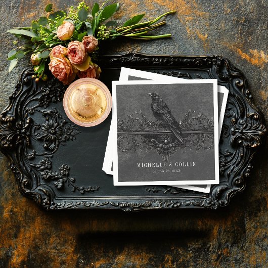 Gothic Black Raven & Black Rozen Bruiloft Servet
