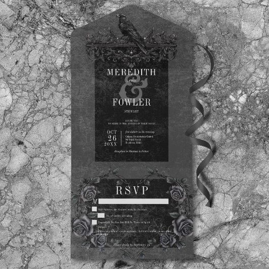 Gothic Black Raven & Black Rozen Details Geen dine All In One Uitnodiging