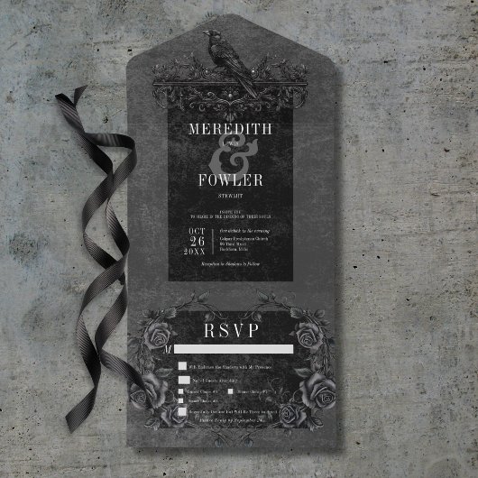 Gothic Black Raven & Black Rozen Drie Diner All In One Uitnodiging