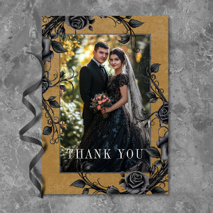 Gothic Black Raven Black Rozen Gold Fotobruiloft Bedankkaart