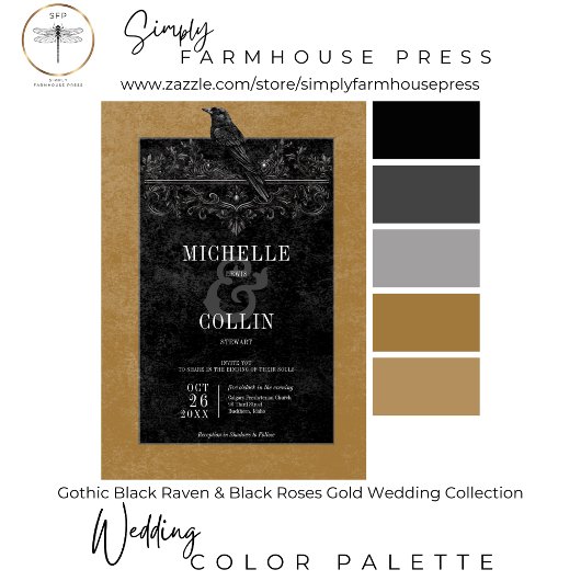 Gothic Black Raven & Black Rozen Gold QR-code All In One Uitnodiging