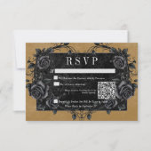 Gothic Black Raven & Black Rozen Gold QR-code RSVP Kaartje (Voorkant)
