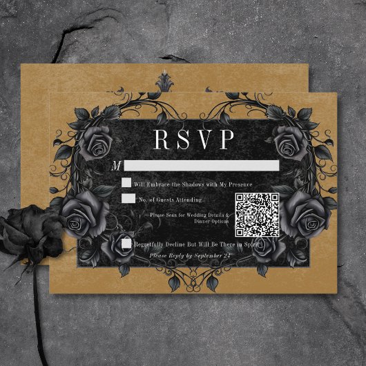 Gothic Black Raven & Black Rozen Gold QR-code RSVP Kaartje