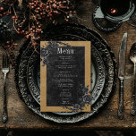 Gothic Black Raven & Black Rozen Gouden bruiloft Menu<br><div class="desc">Breng uw gasten naar een wereld van duistere, betoverende elegantie met onze gotische trouwkaart. De diepe, oude geel-gouden achtergrond en zwarte rozen vormen het toneel voor een opvallend contrast, omdat vet-witte tekst uit ingewikkelde zwarte tekstvakken komt. De achterkant is versierd met twee verweven wijnstokken van zwarte rozen, evenals de initialen...</div>