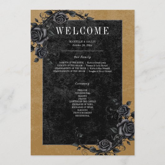 Gothic Black Raven & Black Rozen Gouden bruiloft Programmakaart (Voorkant)