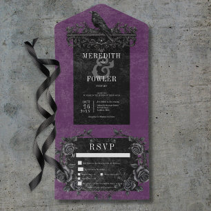 Gothic Black Raven & Black Rozen Paarse 3 Diner All In One Uitnodiging