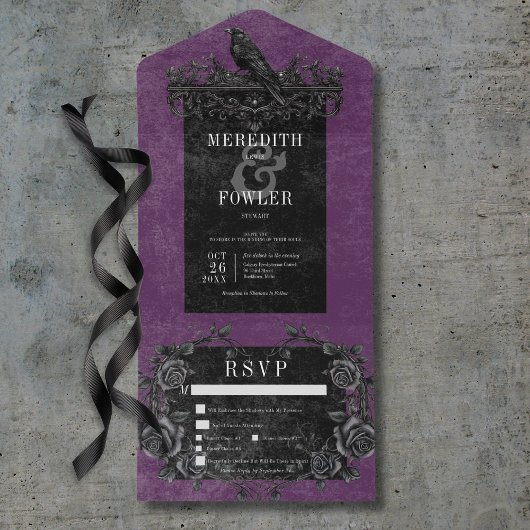 Gothic Black Raven & Black Rozen Paarse 3 Diner All In One Uitnodiging