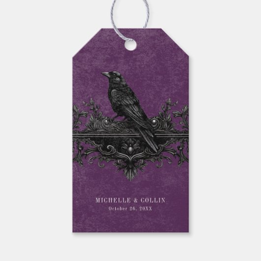 Gothic Black Raven & Black Rozen Paarse bruiloft Cadeaulabel (Voorkant)