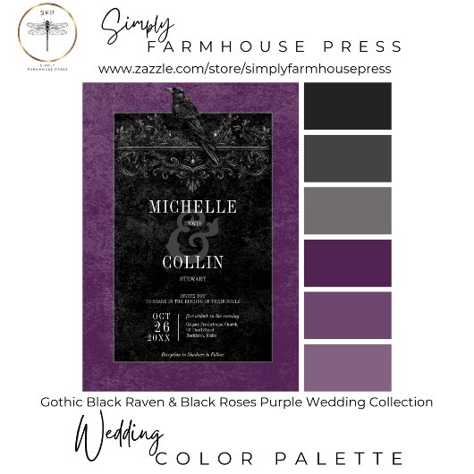 Gothic Black Raven & Black Rozen Paarse bruiloft Kaart