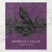 Gothic Black Raven & Black Rozen Paarse bruiloft Wijn Etiket (Enkel label)