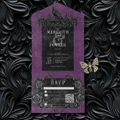 Gothic Black Raven & Black Rozen Paarse QR-code All In One Uitnodiging