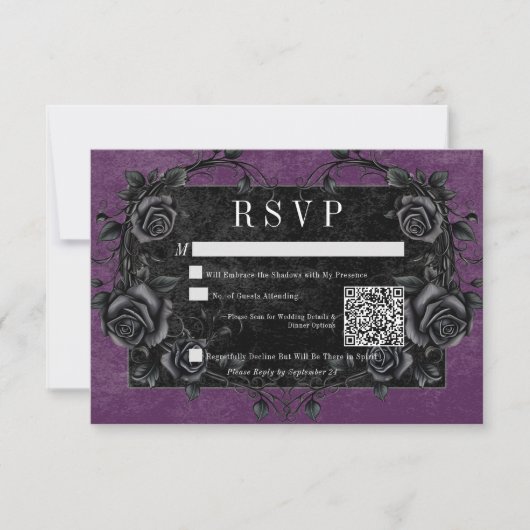 Gothic Black Raven & Black Rozen Paarse QR-code RSVP Kaartje (Voorkant)