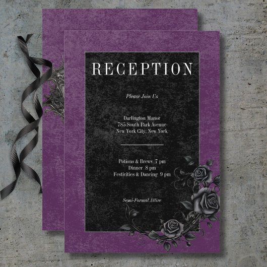 Gothic Black Raven & Black Rozen Paarse receptie Informatiekaartje