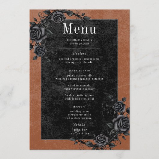 Gothic Black Raven & Black Rozen Roest Bruiloft Menu (Voorkant)
