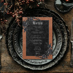 Gothic Black Raven & Black Rozen Roest Bruiloft Menu<br><div class="desc">Breng uw gasten naar een wereld van duistere, betoverende elegantie met onze gotische trouwkaart. De diepe, verouderde bunt oranje roestachtergrond en zwarte rozen vormen het toneel voor een opvallend contrast, omdat vet witte tekst uit ingewikkelde zwarte tekstvakken komt. De achterkant is versierd met twee verweven wijnstokken van zwarte rozen, evenals...</div>
