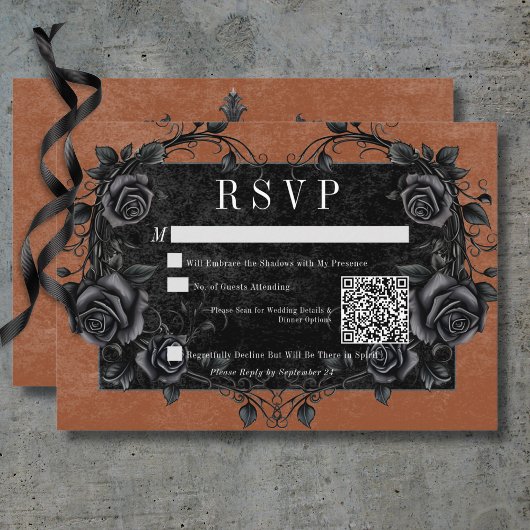 Gothic Black Raven & Black Rozen Rust QR Code RSVP Kaartje