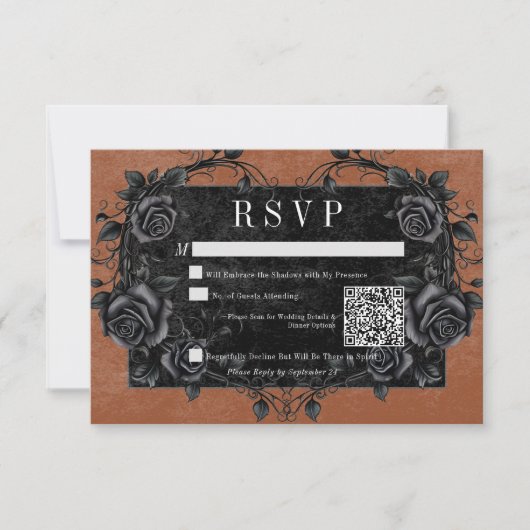 Gothic Black Raven & Black Rozen Rust QR Code RSVP Kaartje (Voorkant)