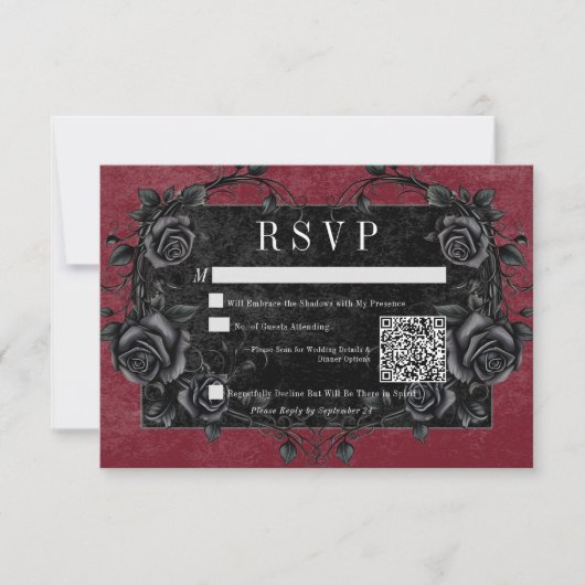 Gothic Black Raven & Black Rozen Wijn QR Code RSVP Kaartje (Voorkant)