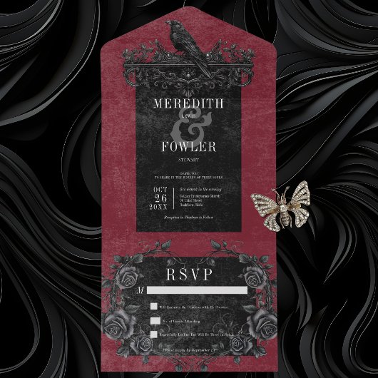 Gothic Black Raven & Black Rozen Wine No Dinner All In One Uitnodiging