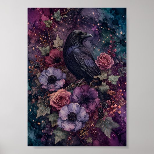 Gothic Black Raven Hemelse Kunst Sfeervolle Bloems Poster (Voorkant)