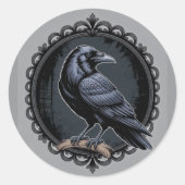Gothic Black Raven Illustratie Ronde Sticker (Voorkant)