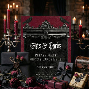 Gothic Black Raven & Roses Burgundy Huwelijkscadea Reclamebord Met Voetstuk