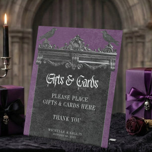 Gothic Black Raven & Roses Paarse Huwelijkscadeaus Reclamebord Met Voetstuk