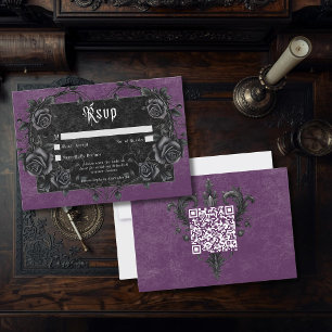 Gothic Black Raven & Roses Paarse QR-code RSVP Kaartje