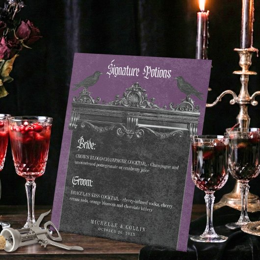 Gothic Black Raven & Roses Purple Wedding Drinks Reclamebord Met Voetstuk