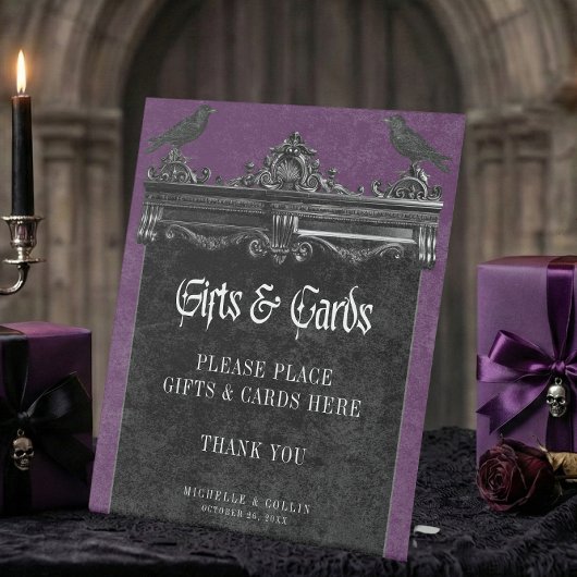 Gothic Black Raven & Roses Purple Wedding Gifts Reclamebord Met Voetstuk