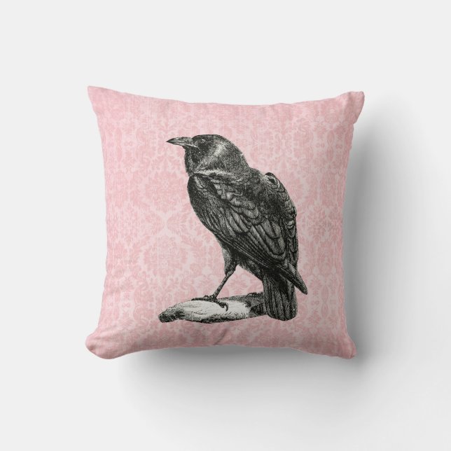 Gothic Black Raven | Roze Damast Kussen (Voorkant)
