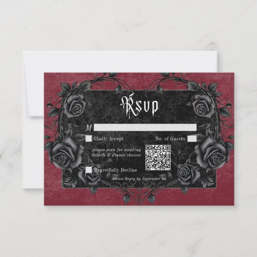 Gothic Black Raven & Rozen Bourgogne QR Code RSVP Kaartje (Voorkant)