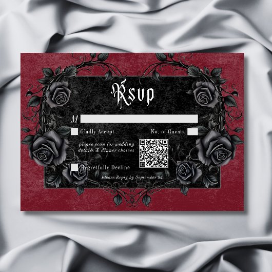 Gothic Black Raven & Rozen Bourgogne QR Code RSVP Kaartje