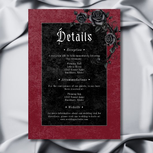 Gothic Black Raven Rozen Bourgogne Wedding Details Informatiekaartje
