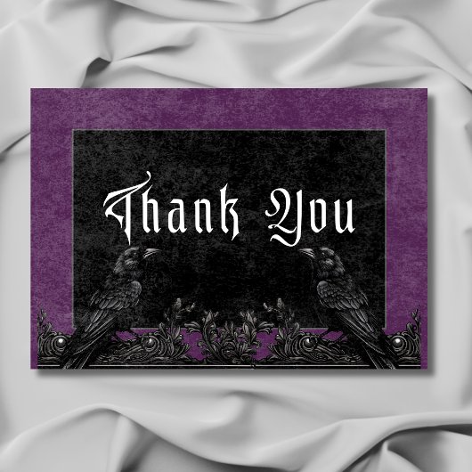 Gothic Black Raven & Rozen Paarse bruiloft Bedankkaart