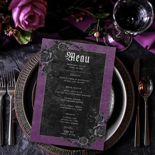 Gothic Black Raven & Rozen Paarse bruiloft Menu
