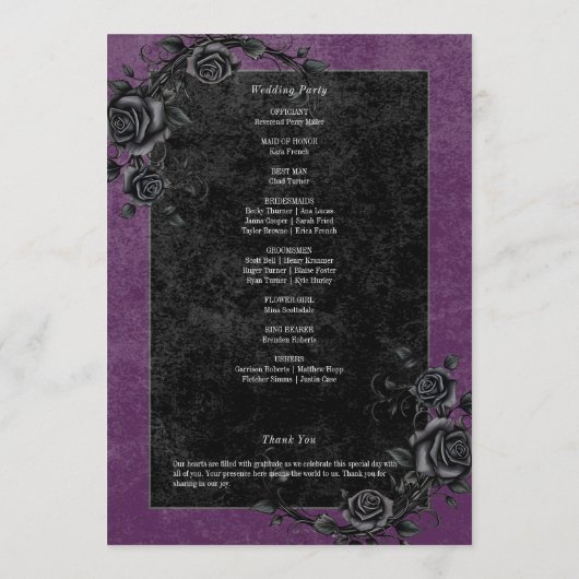 Gothic Black Raven & Rozen Paarse bruiloft Programmakaart (Achterkant)
