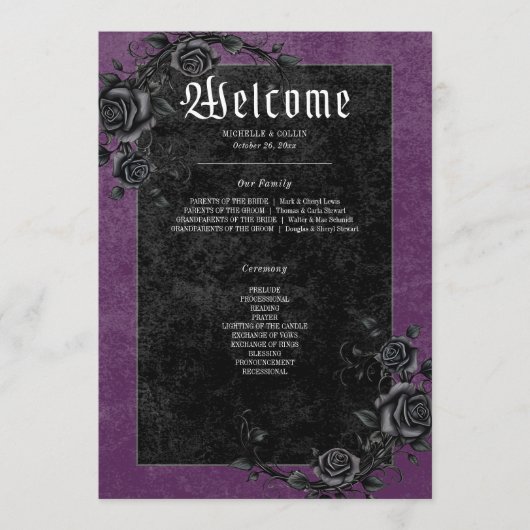Gothic Black Raven & Rozen Paarse bruiloft Programmakaart (Voorkant)