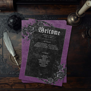 Gothic Black Raven & Rozen Paarse bruiloft Programmakaart
