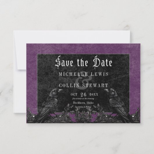 Gothic Black Raven & Rozen Paarse bruiloft Save The Date (Voorkant)