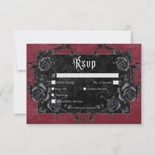 Gothic Black Raven & Rozen Wijndiner RSVP Kaartje (Voorkant)