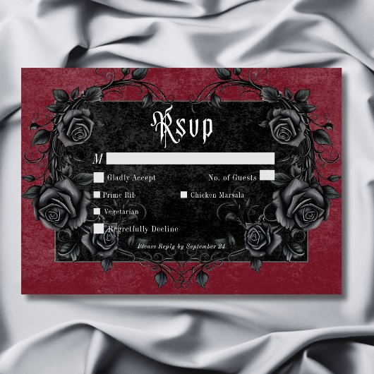 Gothic Black Raven & Rozen Wijndiner RSVP Kaartje