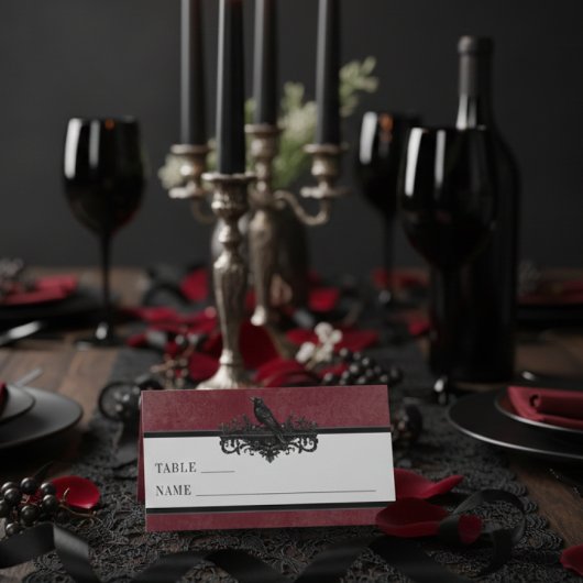 Gothic Black Raven Wine Darkly Ever After Wedding Plaatskaartje