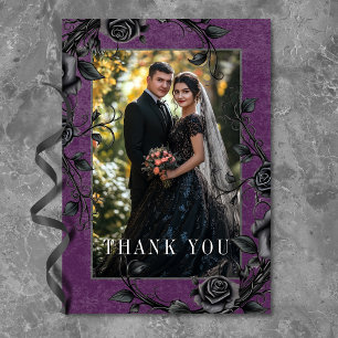 Gothic Black Raven Zwart Roos Paarse foto bruiloft Bedankkaart